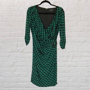 Tahari ASL Green & Black Geometric Print Dress with Buckle & 3/4 Sleeves Size 10